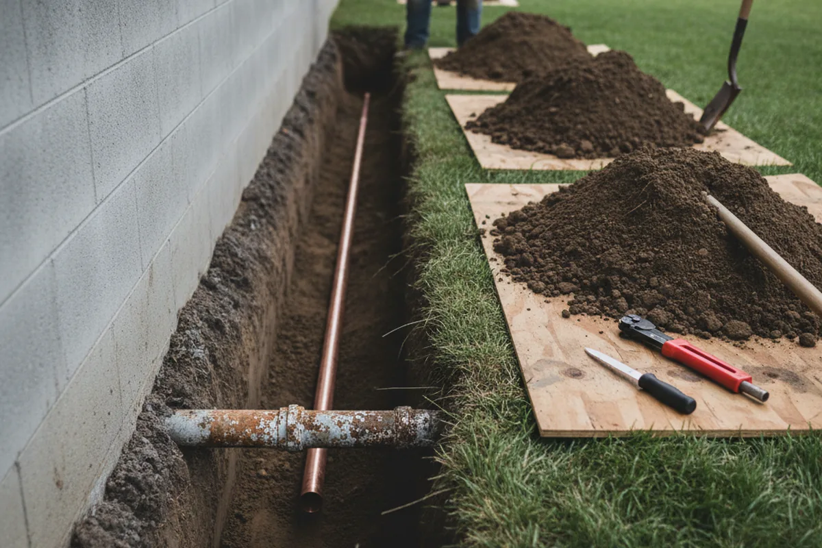Excavated water line trench during Water Softener Installation in Sandy Creek